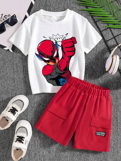 طقم تي شيرت بأكمام قصيرة وشورت نسيج منسوج مع طباعة...