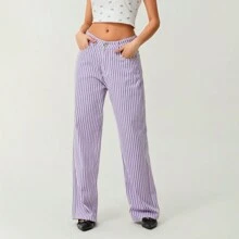 Womens High Rise Jeans Retro Classic Striped Print Wide Leg Denim Pants Boyfriend Jeans With Pockets - Purple - View 6