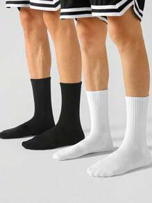 8 Pairs Men's Solid Black Mid-Calf Simple Socks, Fall - Black and White - View 2