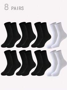 8 Pairs Men's Solid Black Mid-Calf Simple Socks, Fall - Black and White - View 1