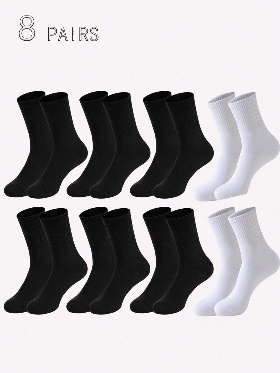 8 Pairs Men's Solid Black Mid-Calf Simple Socks, Fall - Black and White - View 1
