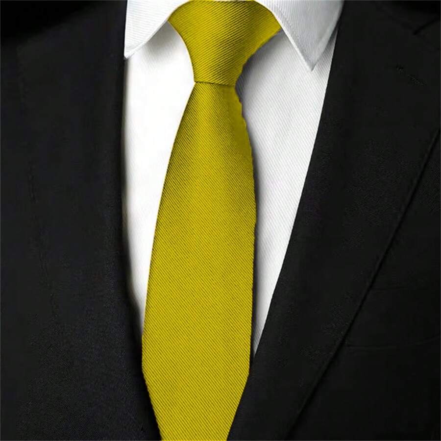 Slim Plain Twill Social Tie With Fine Lines - 金色 - 查看 1