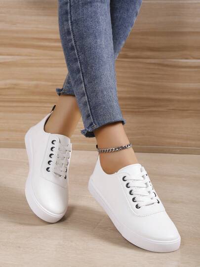 Women's White Sneakers, Casual Sports Shoes, Thick Sole Design, Anti-Slip Elevated, PU Leather Student Shoes