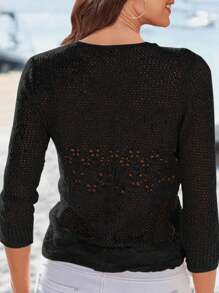 Womens Sheer Crochet Knit 3/4 Sleeve Tie Bolero Jacket Shrug Sweaters - Open Front Tops - 黑色 - 查看 2