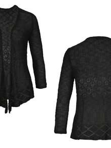 Womens Sheer Crochet Knit 3/4 Sleeve Tie Bolero Jacket Shrug Sweaters - Open Front Tops - 黑色 - 查看 3