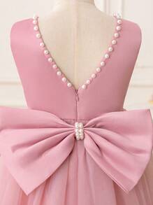 Young Girl's Pearl Decor Bow Back Deep V Valentine's Day Party Princess Dress, Suitable For Girls' Birthday Party, Valentine's Day Gift, Prom, Festival Celebration, Wedding Flower Girl, Stage Performance Costume