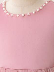 Young Girl's Pearl Decor Bow Back Deep V Valentine's Day Party Princess Dress, Suitable For Girls' Birthday Party, Valentine's Day Gift, Prom, Festival Celebration, Wedding Flower Girl, Stage Performance Costume