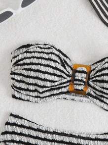 Black & White Striped Sexy Bikini Set, For Summer Beach Vacation