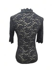 Nuova blusa estiva da donna con collo alla coreana, manica a 3/4 e orlo in pizzo, aderente