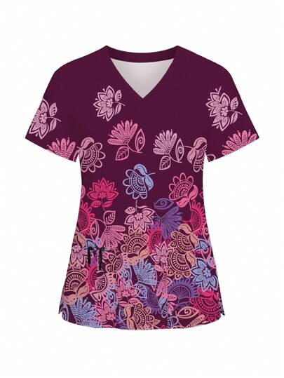 Standard Size Printed V-Neck Short Sleeve Minimalist Scrub Uniform Top