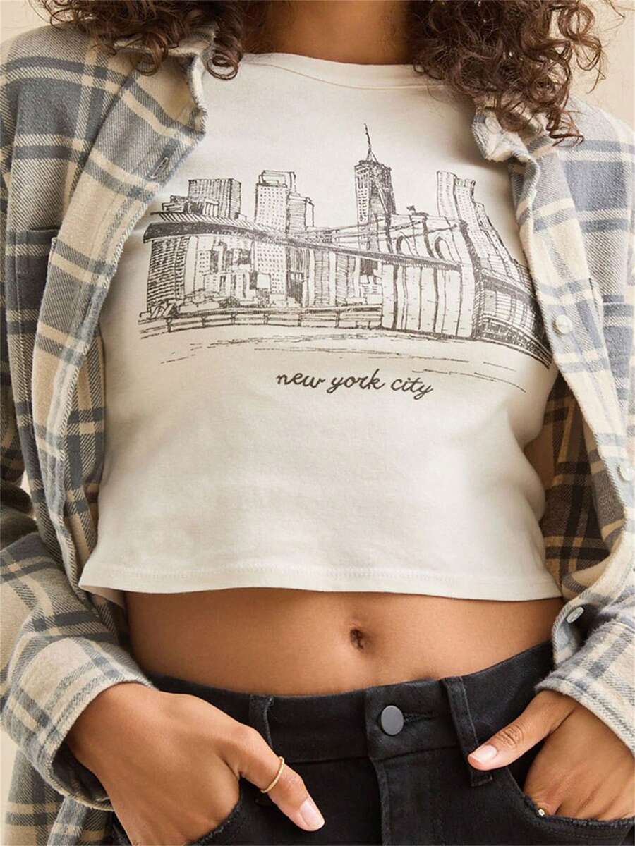 Women's Summer Seaside/Building Print Tops Short Sleeve Round Neck Short Baby Tees