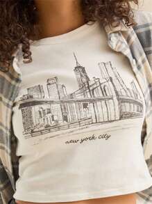 Women's Summer Seaside/Building Print Tops Short Sleeve Round Neck Short Baby Tees