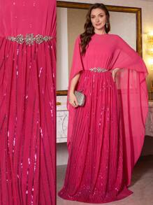 Elegant Women's Gem Collar Chiffon Sequin Maxi Dress With Rhinestone Waist Belt - Hot Pink - View 4