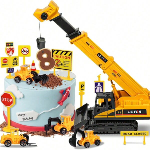 Set di 11/15 pezzi di decorazioni per torta con toppers a forma di mezzi da costruzione, gru, escavatore, segnali stradali, ideali per decorare torte di compleanni
