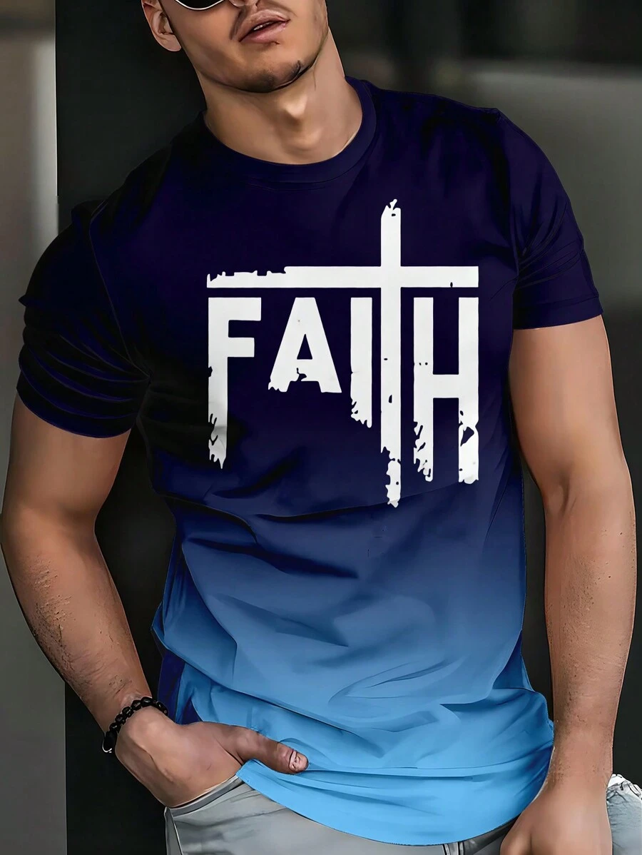 “Faith”字母印花渐变男士休闲圆领短袖T恤，夏季男装，100%涤纶，轻薄面料 - 灰色 - 查看 1