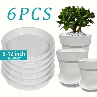 6pcs/Set White Plastic Plant Saucers, 6-12in/16-30cm Heavy Duty Round Planters Trays, Indoor Flower Pot Dishes, Bird Bath Bowls, Planter Accessories