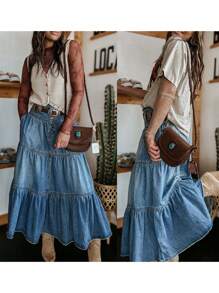 Women Summer Denim Skirt Casual Solid Color Ruffled Hem High Waist A-Line Jeans Skirt For Club Streetwear - 藍色 - 查看 3