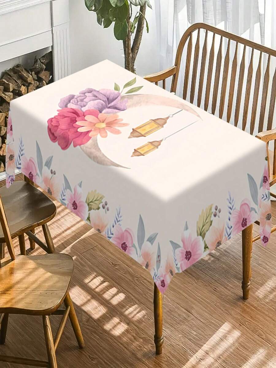 1 pezzo Tovaglia con design floreale di luna e lanterna, semplice e fresca, molto adatta per raduni familiari, decorazioni per tavoli da pranzo e decorazioni per le festività - Multicolore - Visualizzare 1