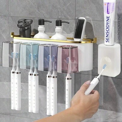 一套牙刷架，配有2/3/4个牙刷杯和牙膏分配器，创意壁挂式浴室收纳架，方便刷牙和收纳物品。壁挂式浴室收纳架，牙刷架，牙膏分配器