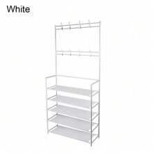 1PC Entrance Foyer Clothes Rack, Lobby Shoe Rack, Multifunctional Metal Storage Clothes Rack, Floor Clothes Rack, 4th/5th Floor Storage Clothes Rack And 8 Double Hooks, Living Room, Bathroom, Corridor Shoe Rack Organizer - White - View 4
