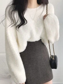 Soft & Fluffy Knit Sweater For Women, Short Style Long Sleeve Knitwear Top, Gentle Vibe, Autumn/Winter - Beige - View 3
