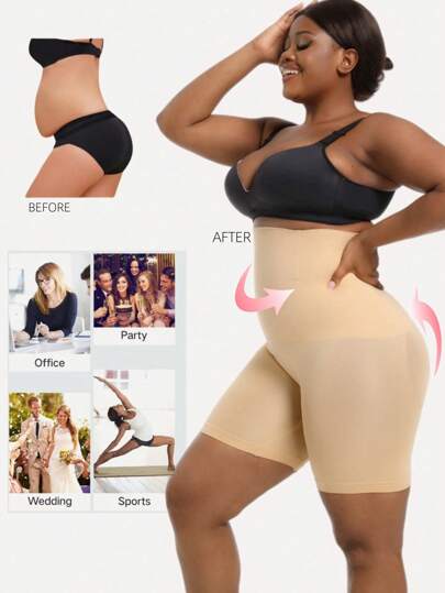 1 Pack Plus Size Women's High Waist Tummy Control Bodyshorts Shaper Shorts Underwear Panty Shapers Flat Leggings Women's Panties In Stylish Color Matching Waist And Belly Pants Leggings Shorts