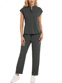 Set de 2 piezas de uniforme de enfermería de primavera con top de cuello alto y pantalones de unicolor - Gris - Ver 5