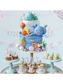 18 件或 1 件海洋动物蛋糕装饰，彩色珠光蛋糕球装饰，适用于海底主题派对生日派对用品，生日蛋糕装饰，卡通章鱼海龟波波鱼鲸鱼珊瑚海藻挂饰，可重复使用 - 彩色 - 查看 3