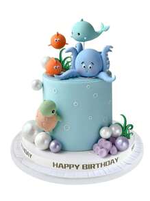 18 件或 1 件海洋动物蛋糕装饰，彩色珠光蛋糕球装饰，适用于海底主题派对生日派对用品，生日蛋糕装饰，卡通章鱼海龟波波鱼鲸鱼珊瑚海藻挂饰，可重复使用 - 彩色 - 查看 1