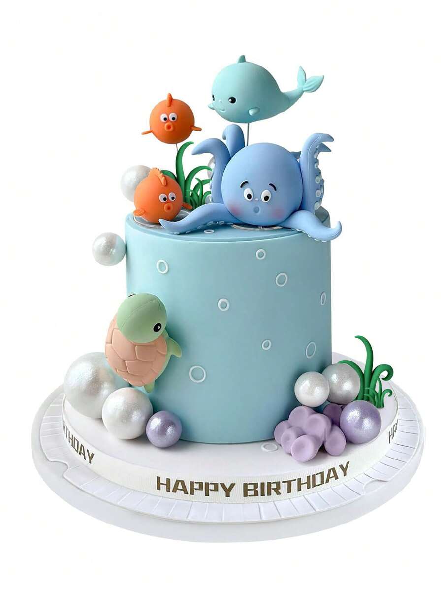 18 件或 1 件海洋动物蛋糕装饰，彩色珠光蛋糕球装饰，适用于海底主题派对生日派对用品，生日蛋糕装饰，卡通章鱼海龟波波鱼鲸鱼珊瑚海藻挂饰，可重复使用 - 彩色 - 查看 1