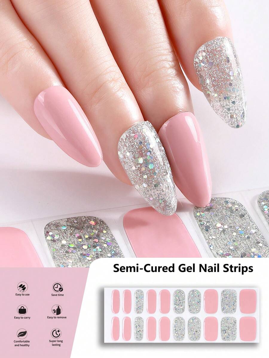 20 miếng dán móng tay dạng gel bán khô (nhiều màu), miếng dán móng pha lê hồng, bộ đầu móng tự dán phủ toàn bộ, bao gồm 1 dũa móng, cần đèn UV, dễ dán và tháo, phù hợp cho phụ nữ và trẻ em gái tự làm móng hàng ngày - Nhiều màu - Xem 1