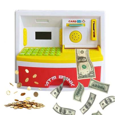 Alcancías Electronica Automatico Cajero Juguete Para Niños,Hucha automática para niños con contraseña, caja fuerte para ahorrar dinero en efectivo, mini cajero automático, juguete creativo.Adecuado para Navidad, Día del Niño, Año Nuevo y regalos de cumpleaños, es un buen regalo para los niños.Juguetes para niños.Tiene las funciones de almacenamiento de monedas, billetes, gran capacidad, bloqueo con contraseña, calendario, contador, alarma, reloj, etc.