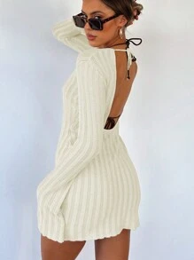 Damen Sexy Kleid/Strandkleid mit Rückenausschnitt und Bindung, Flatter-Ärmel, Urlaubsoutfit