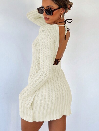 Damen Sexy Kleid/Strandkleid mit Rückenausschnitt und Bindung, Flatter-Ärmel, Urlaubsoutfit