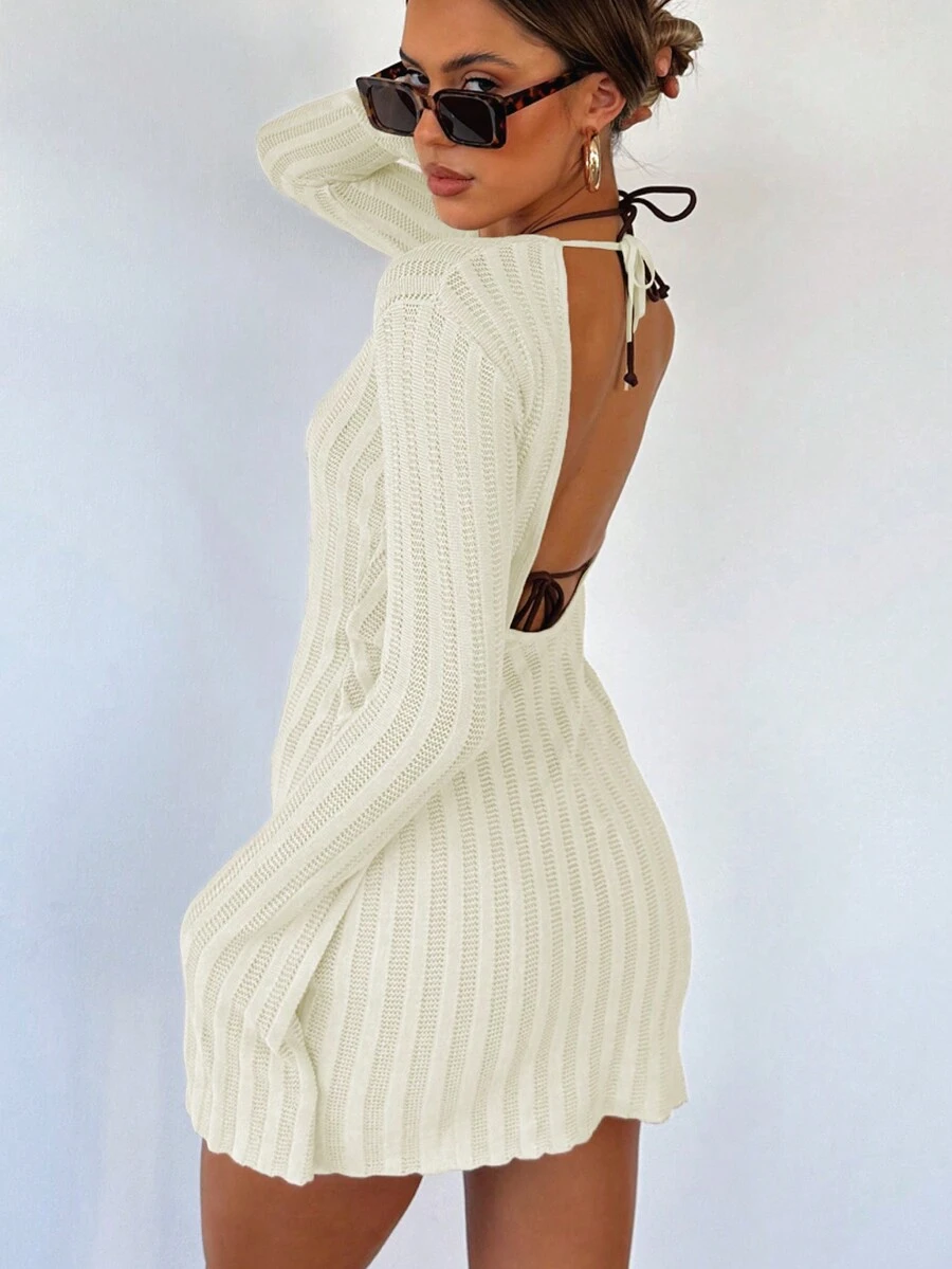 Damen Sexy Kleid/Strandkleid mit Rückenausschnitt und Bindung, Flatter-Ärmel, Urlaubsoutfit