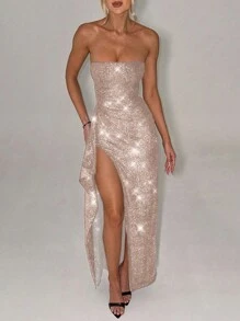WOWDARK 女士秋季亮片露肩开衩连衣裙、派对礼服、鸡尾酒会礼服 - 香檳色 - 查看 4