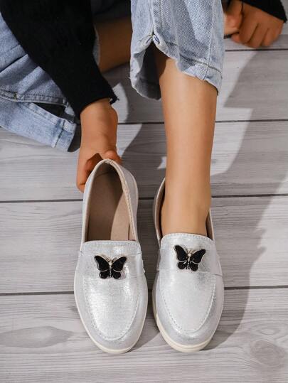 儿童时尚低帮银色蝴蝶舒适休闲百搭平底皮鞋