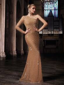 QOQ Elegant Apricot Color Hot Drill Rhinestone Beaded Slant Shoulder Neck Women Fishtail Gown Dresses - Apricot - View 4