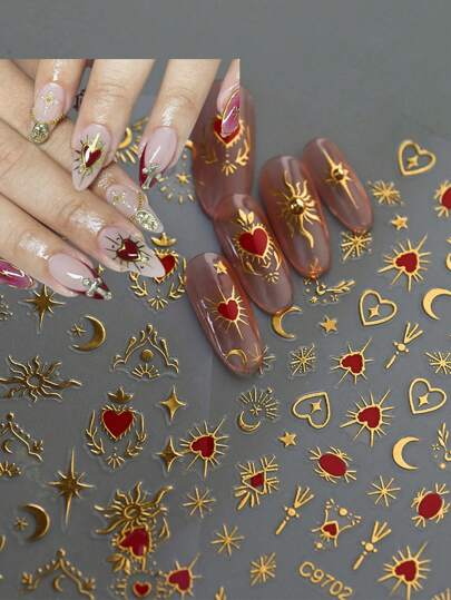 1 pieza Pegatinas de arte de uñas 3D con corazón dorado en relieve, estrellas holográficas, soles y estrellas deslizantes Y2K para decoración de manicura DIY