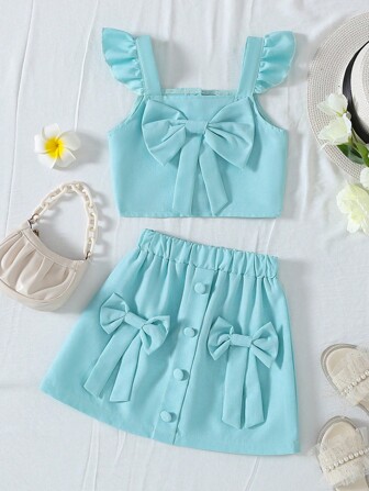 女孩时尚休闲蝴蝶结和荷叶边吊带上衣 + 配套蝴蝶结裙子套装