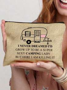 Happy Camper Canvas Make-uptas - Polyestervezel Letter Bedrukte Ritssluiting Vrouwen Cosmetische Tas, Opbergtas, Cosmetische Tas Goede Geschenken Voor Koppels En Gezinnen, Studentenhuis Cosmetica Opslag - Veel kleurig - Bekijken 13