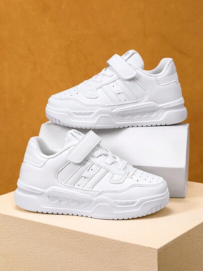 Boys' White Sneakers, Teens' Pure White Low-Top Canvas Shoes, Girls' New Running Shoes, PU Leather Lightweight & Comfortable Children Casual Shoes, Skateboard Shoes, Flat Shoes, Suitable For Indoor/Outdoor Activities, School Days, Daily Walking And Running