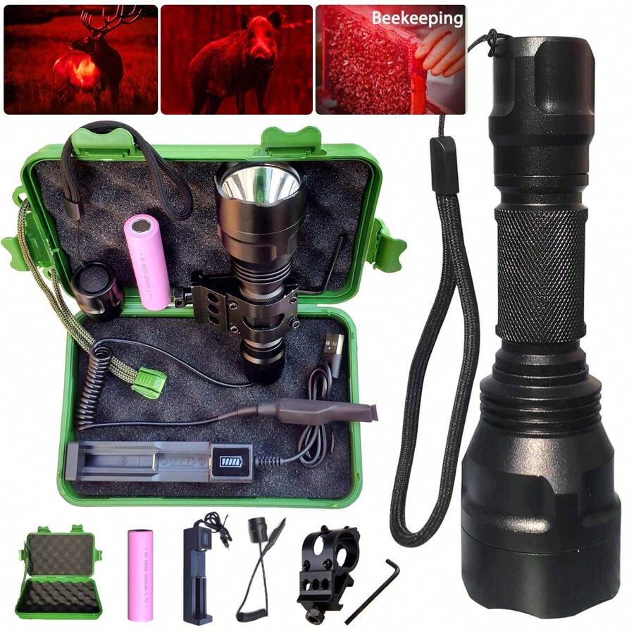 High Power 350 Yards Flashlight With Remote Control Switch - Green,Red, White Light For Night Hunting, Fishing, Camping, And Beekeeping, Rechargeable Battery And Carry Box Included,Mens Gift