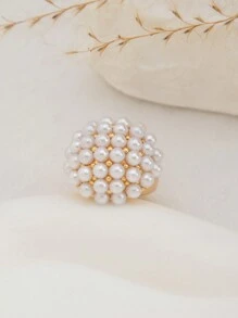 1pc Vintage Exaggerated Fashion Creative Asymmetrical Petals Leaves Pearl Inlaid Ring, Minimalist Metal Gold Thick Hollow Geometric Knuckle Rings, Suitable For Women's Daily Wear, Multiple Parties & Events Decoration, Holiday Gift, Clothing Matching
