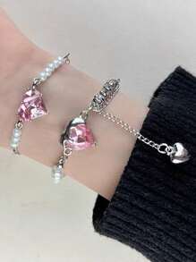 2pcs Inlaid Square Zirconia Rhinestone Chain Bracelet For Women Pink Pearl Heart Bracelets Bangles Wristband Valentine's Day Jewelry Gift For Girl