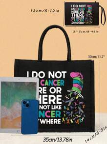 2 件抗癌声明印花手提袋，轻便，便携，经典，休闲时尚纯色手提袋米色和黑色购物原创男女通用旅行帆布袋可折叠购物手提袋手提袋