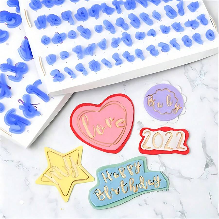 66 piezas Juego de sellos de plástico para imprimir en pasteles, incluye letras mayúsculas y minúsculas, números y símbolos para escribir mensajes en tartas de cumpleaños DIY