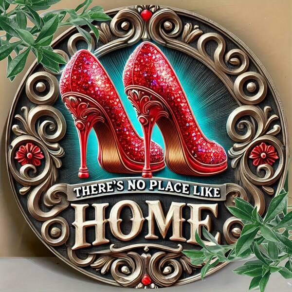 1pc Shiny Red High Heel Metal Iron Wall Art Sign, 7.8 Inches "There's No Place Like Home" Quote, Metal Wall Plaque For Home Decor, Farmhouse Wall Hanging, Women Gift, Room Door Garden Decor, Random Holes On Top, Bottom, Left And Right