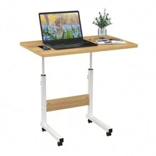 Table d'ordinateur Mobile avec plateau 60x40cm, Table pour Ordinateur Portable avec Hauteur Réglable 69-90cm, Table de Canapé Roulante pour Lit Bureau Debout,  Facile à déplacer avec roulettes, Blanc / Chêne