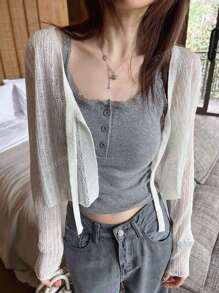 Tie-Up Cardigan Sheer Hollow-Out Long Sleeve Knit Cropped Top For Women